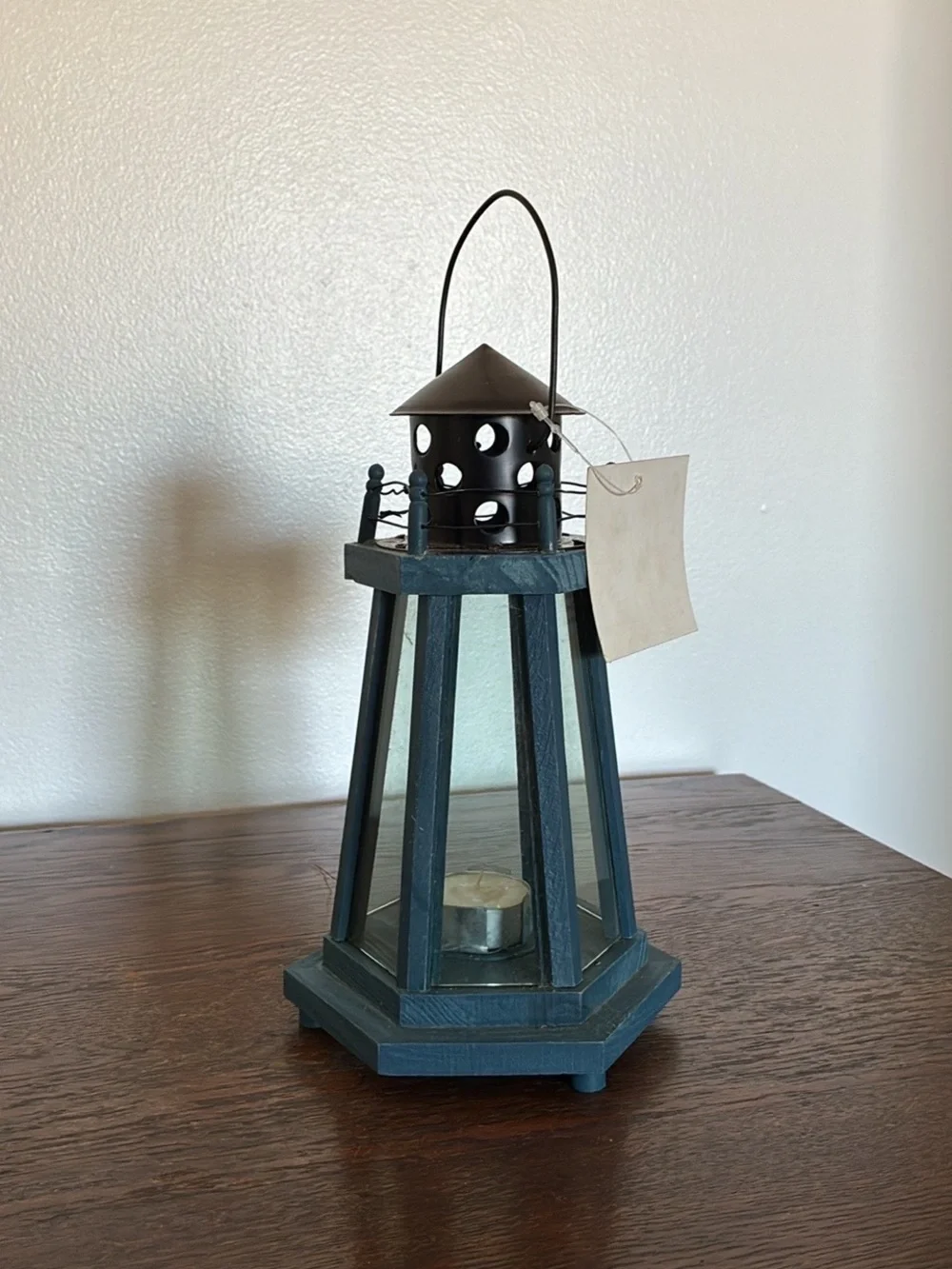 BNIB- Hand Painted- Blue Wood & Wire Lighthouse Candle Holder